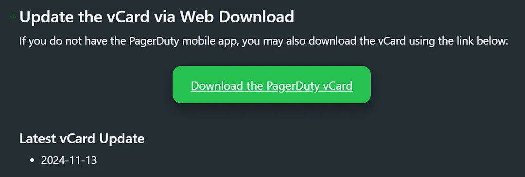 PagerDuty vCard Updates website