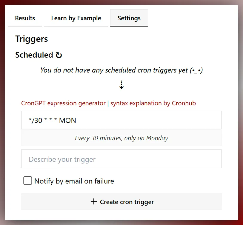 Scheduled Trigger Cron settings tab