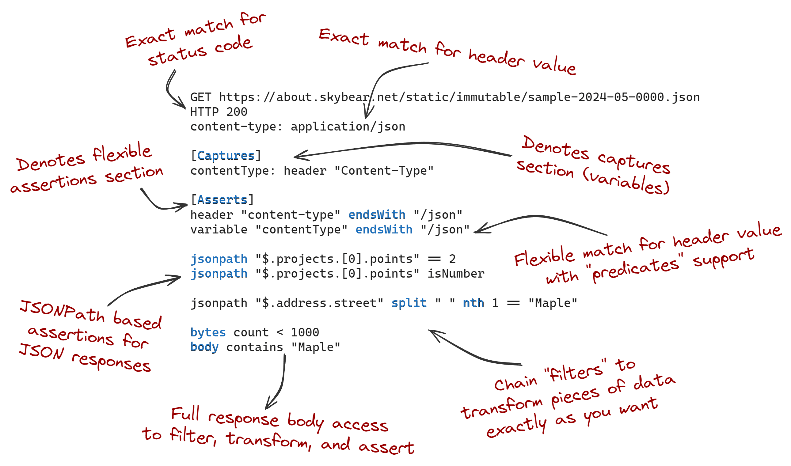 Hurl predicates, filters, and exact matching capabilities for powerful assertions